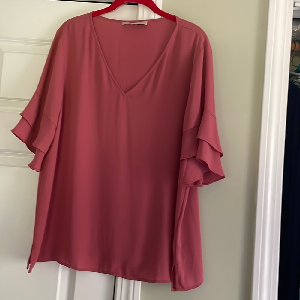 LOFT Dusty Rose V-Neck Flutter Sleeve Blouse